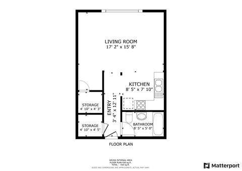 Floor plan for studio, 1 bath, 500 sqft